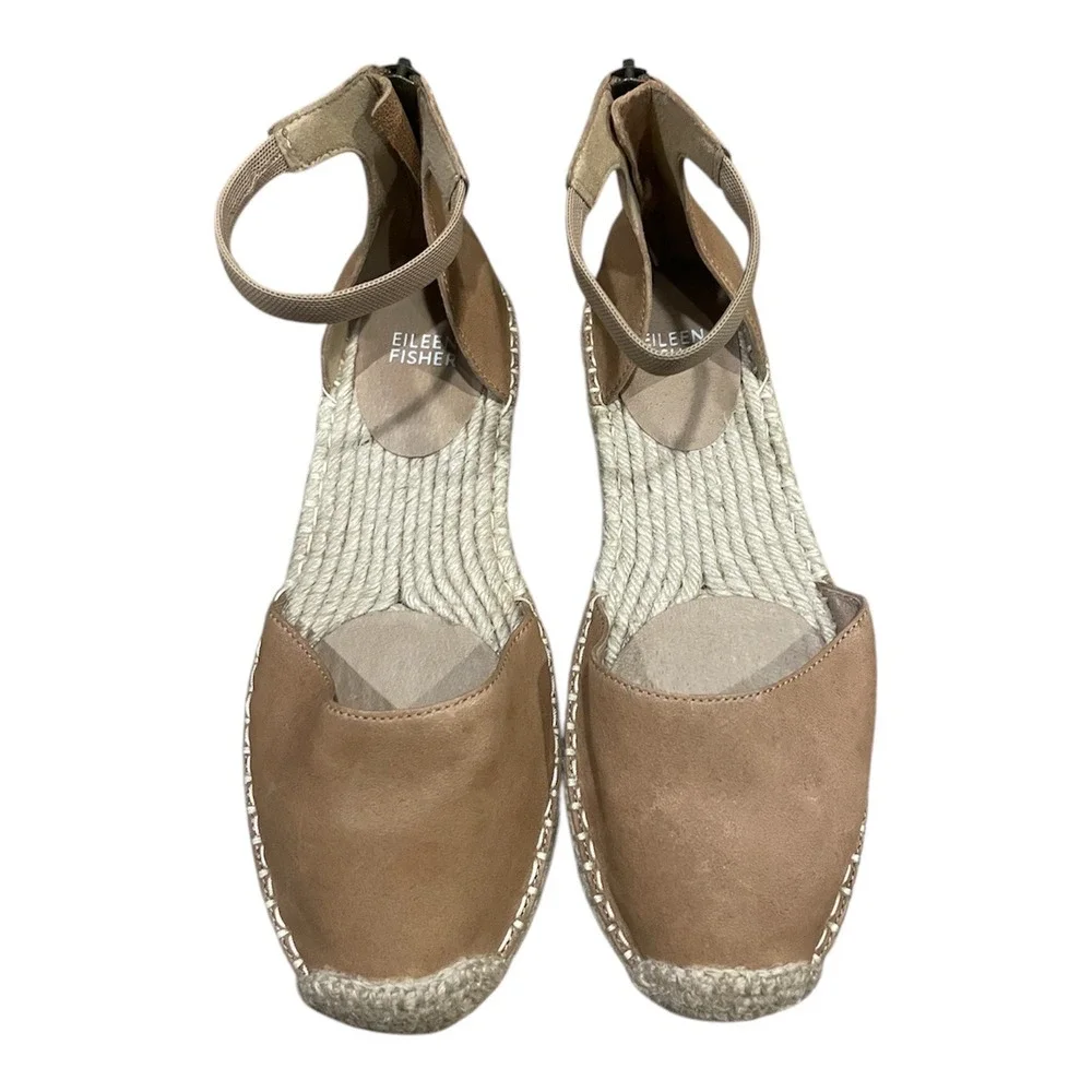 Eileen Fisher Women Tan‎ Leather Espadrille Ankle Strap Flat Sandals Size 7.5